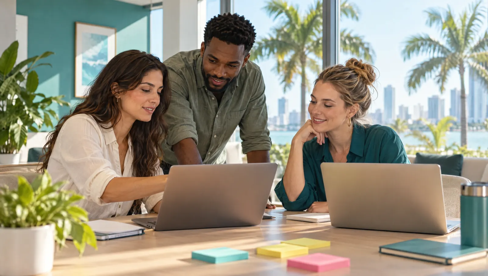 A small team working together at a table in a bright Miami office